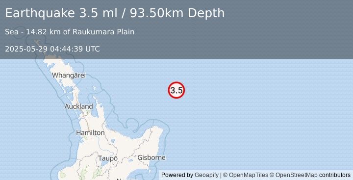 Earthquake OFF E. COAST OF N. ISLAND, N.Z. (3.5 ml) (2025-05-29 04:44:39 UTC)