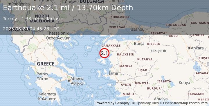 Earthquake NEAR THE COAST OF WESTERN TURKEY (2.1 ml) (2025-05-29 04:45:28 UTC)