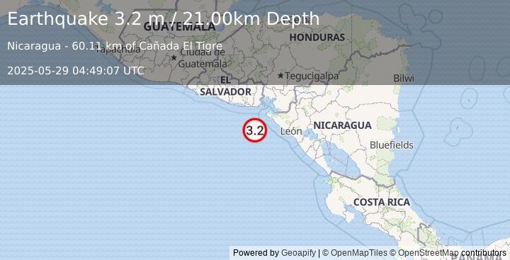 Earthquake NEAR COAST OF NICARAGUA (3.2 m) (2025-05-29 04:49:07 UTC)