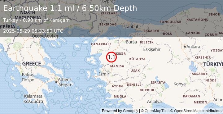 Earthquake WESTERN TURKEY (1.1 ml) (2025-05-29 05:33:50 UTC)