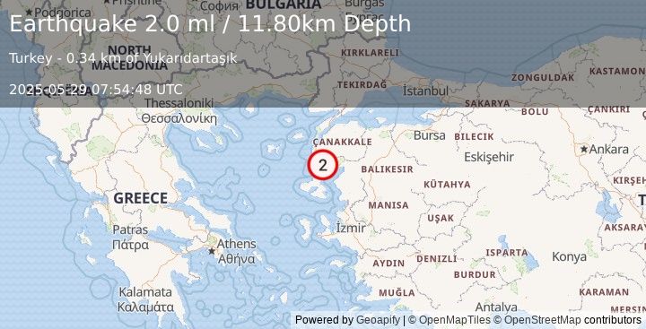 Earthquake NEAR THE COAST OF WESTERN TURKEY (2.0 ml) (2025-05-29 07:54:48 UTC)