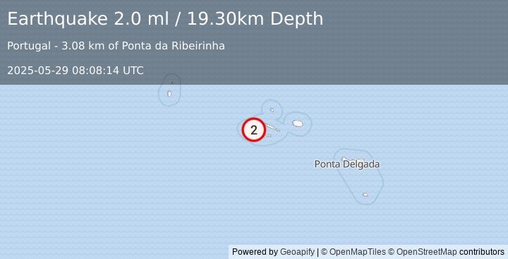 Earthquake AZORES ISLANDS, PORTUGAL (2.0 ml) (2025-05-29 08:08:14 UTC)