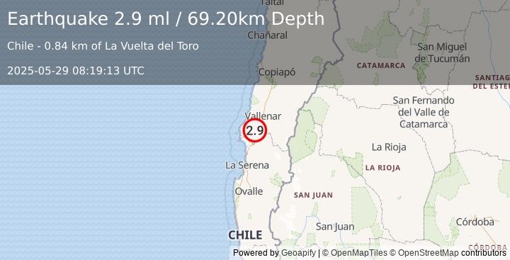 Earthquake ATACAMA, CHILE (2.9 ml) (2025-05-29 08:19:13 UTC)