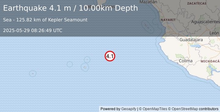 Earthquake REVILLA GIGEDO ISLANDS REGION (4.1 m) (2025-05-29 08:26:49 UTC)
