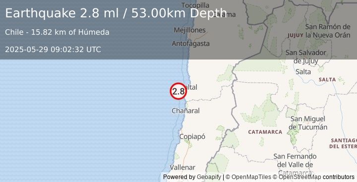 Earthquake OFFSHORE ANTOFAGASTA, CHILE (2.8 ml) (2025-05-29 09:02:32 UTC)