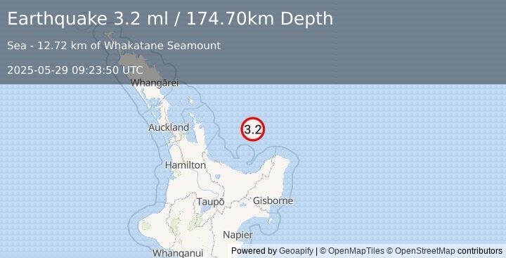 Earthquake OFF E. COAST OF N. ISLAND, N.Z. (3.2 ml) (2025-05-29 09:23:50 UTC)