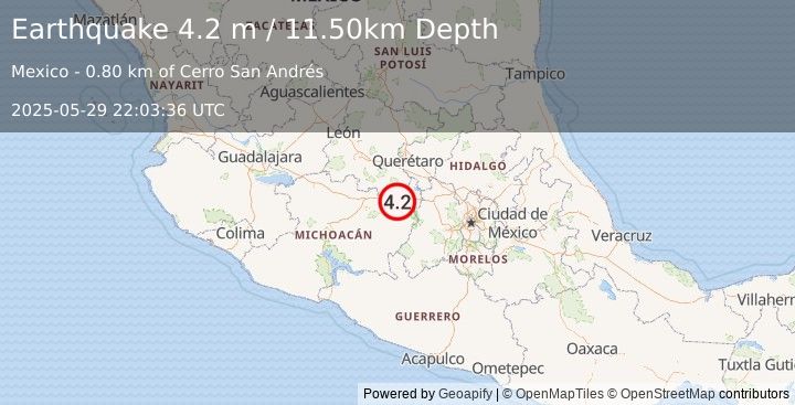 Earthquake MICHOACAN, MEXICO (4.2 m) (2025-05-29 22:03:36 UTC)