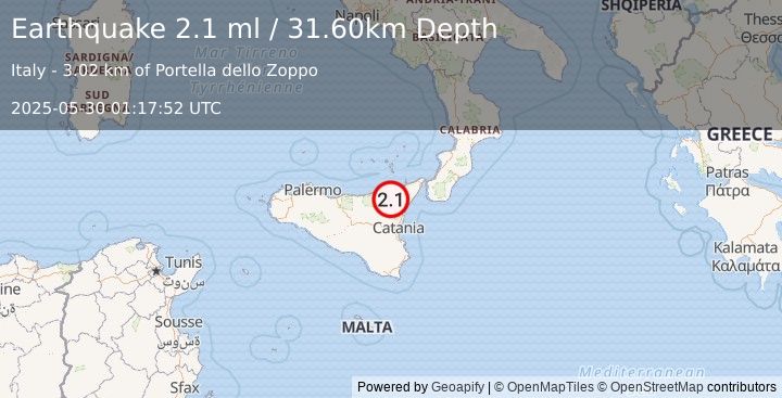 Earthquake SICILY, ITALY (2.1 ml) (2025-05-30 01:17:52 UTC)