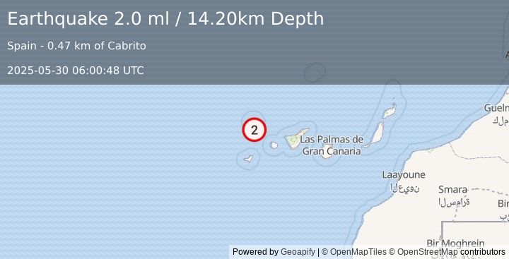 Earthquake CANARY ISLANDS, SPAIN REGION (2.0 ml) (2025-05-30 06:00:48 UTC)