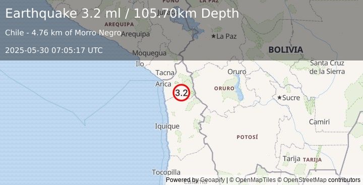 Earthquake TARAPACA, CHILE (3.2 ml) (2025-05-30 07:05:17 UTC)