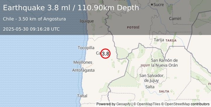 Earthquake ANTOFAGASTA, CHILE (3.8 ml) (2025-05-30 09:16:28 UTC)