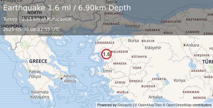 Earthquake WESTERN TURKEY (1.6 ml) (2025-05-30 08:22:55 UTC)
