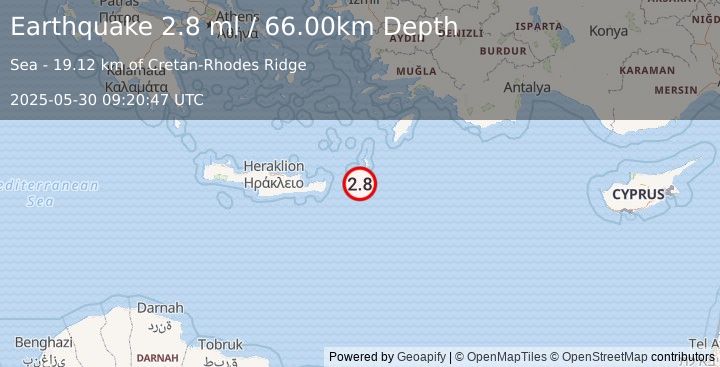 Earthquake DODECANESE ISLANDS, GREECE (2.8 ml) (2025-05-30 09:20:47 UTC)