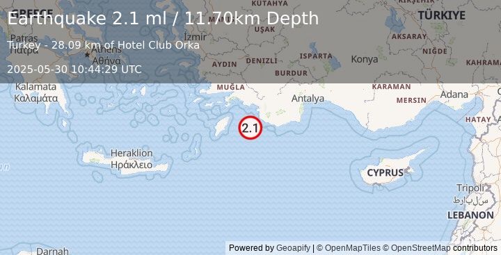 Earthquake DODECANESE IS.-TURKEY BORDER REG (2.1 ml) (2025-05-30 10:44:29 UTC)