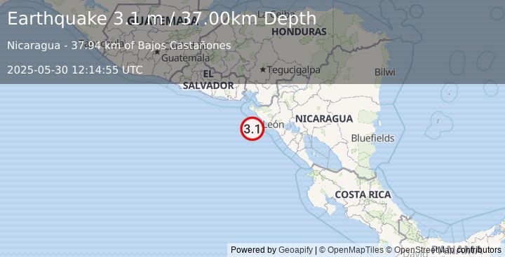 Earthquake NEAR COAST OF NICARAGUA (3.1 m) (2025-05-30 12:14:55 UTC)