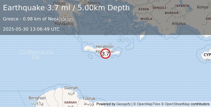 Earthquake CRETE, GREECE (3.2 ml) (2025-05-30 13:06:49 UTC)