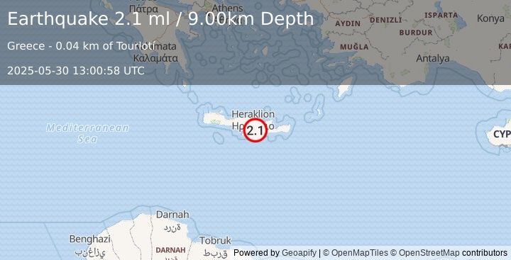 Earthquake CRETE, GREECE (2.1 ml) (2025-05-30 13:00:58 UTC)