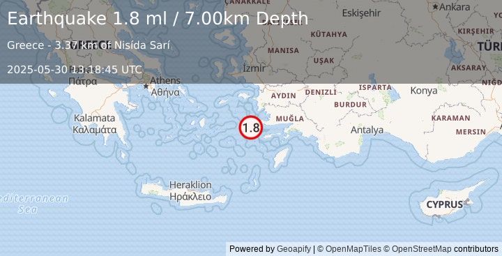 Earthquake CRETE, GREECE (1.8 ml) (2025-05-30 13:18:43 UTC)