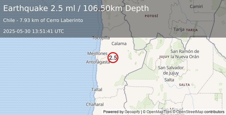 Earthquake ANTOFAGASTA, CHILE (2.5 ml) (2025-05-30 13:51:41 UTC)