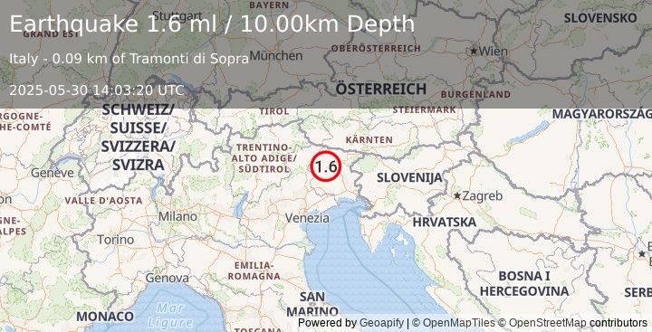 Earthquake NORTHERN ITALY (1.6 ml) (2025-05-30 14:03:20 UTC)
