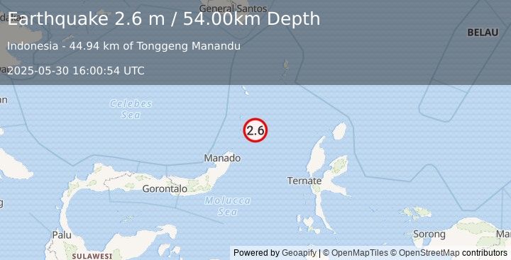 Earthquake KEPULAUAN SANGIHE, INDONESIA (2.6 m) (2025-05-30 16:00:54 UTC)