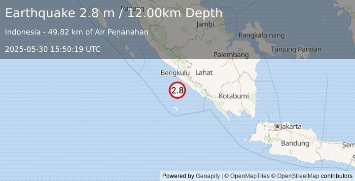 Earthquake SOUTHERN SUMATRA, INDONESIA (2.8 m) (2025-05-30 15:50:19 UTC)