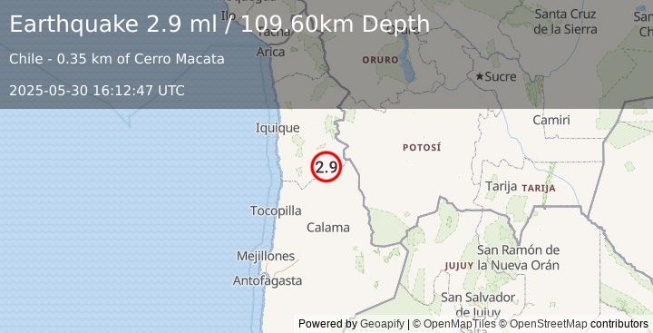 Earthquake TARAPACA, CHILE (2.9 ml) (2025-05-30 16:12:47 UTC)