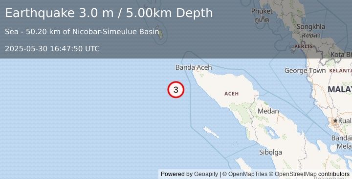 Earthquake OFF W COAST OF NORTHERN SUMATRA (3.0 m) (2025-05-30 16:47:50 UTC)