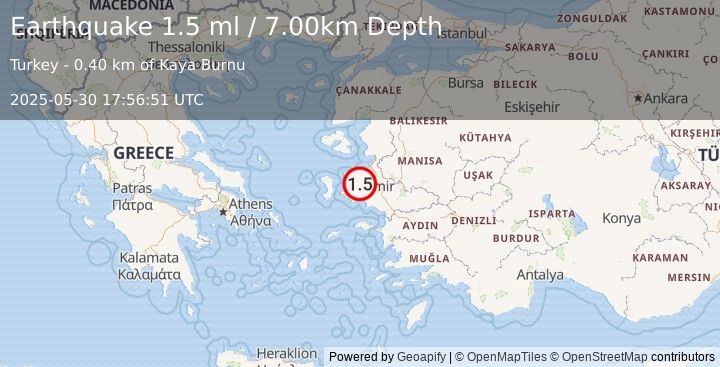 Earthquake NEAR THE COAST OF WESTERN TURKEY (1.5 ml) (2025-05-30 17:56:51 UTC)