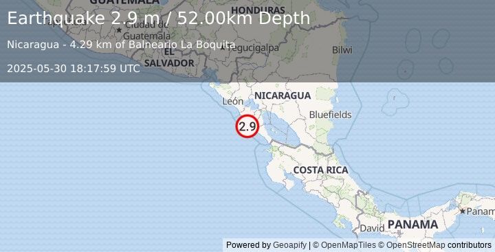 Earthquake NEAR COAST OF NICARAGUA (2.9 m) (2025-05-30 18:17:59 UTC)