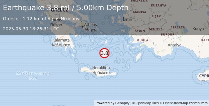Earthquake DODECANESE ISLANDS, GREECE (3.4 ml) (2025-05-30 18:26:30 UTC)