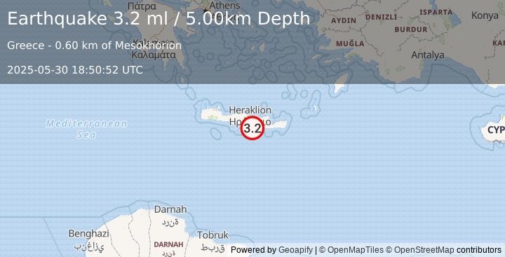 Earthquake CRETE, GREECE (3.4 ml) (2025-05-30 18:50:51 UTC)
