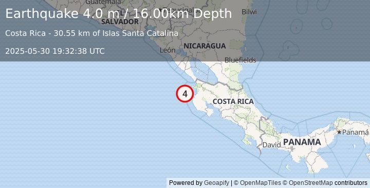 Earthquake OFF COAST OF COSTA RICA (4.0 m) (2025-05-30 19:32:38 UTC)