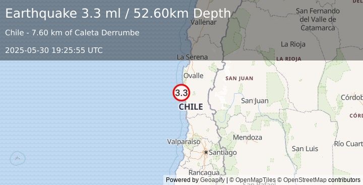 Earthquake OFFSHORE COQUIMBO, CHILE (3.3 ml) (2025-05-30 19:25:55 UTC)