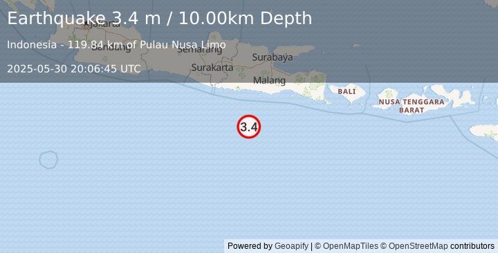 Earthquake SOUTH OF JAVA, INDONESIA (3.4 m) (2025-05-30 20:06:45 UTC)