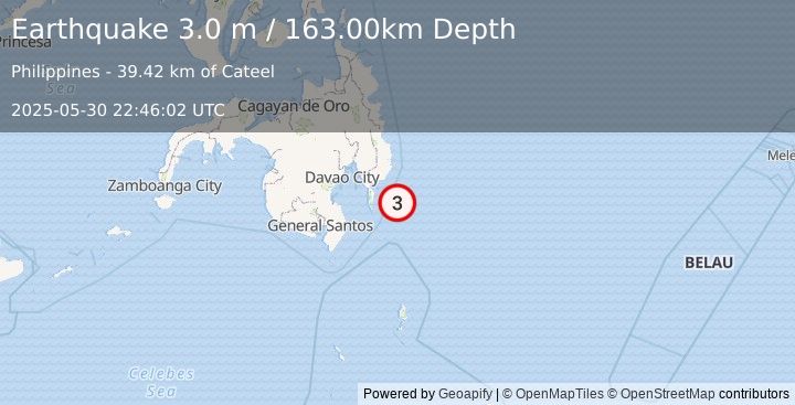 Earthquake MINDANAO, PHILIPPINES (3.0 m) (2025-05-30 22:46:02 UTC)