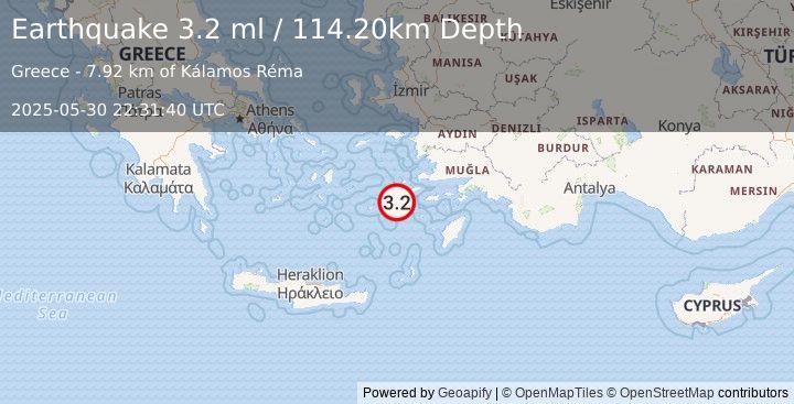 Earthquake DODECANESE ISLANDS, GREECE (3.3 ml) (2025-05-30 22:31:38 UTC)