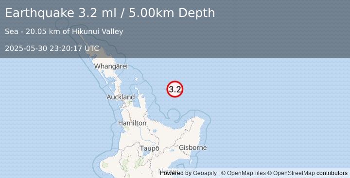 Earthquake OFF E. COAST OF N. ISLAND, N.Z. (3.2 ml) (2025-05-30 23:20:17 UTC)