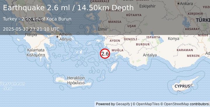 Earthquake DODECANESE IS.-TURKEY BORDER REG (2.5 ml) (2025-05-30 23:21:11 UTC)