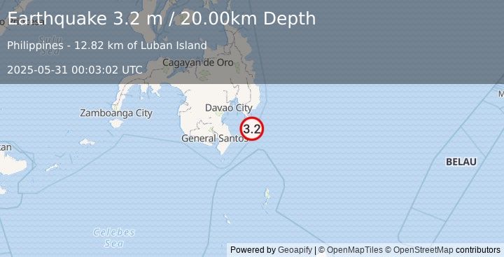 Earthquake MINDANAO, PHILIPPINES (3.2 m) (2025-05-31 00:03:02 UTC)