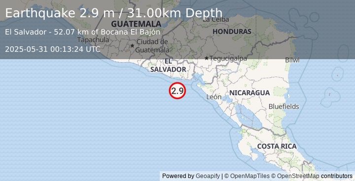 Earthquake OFFSHORE EL SALVADOR (2.9 m) (2025-05-31 00:13:24 UTC)