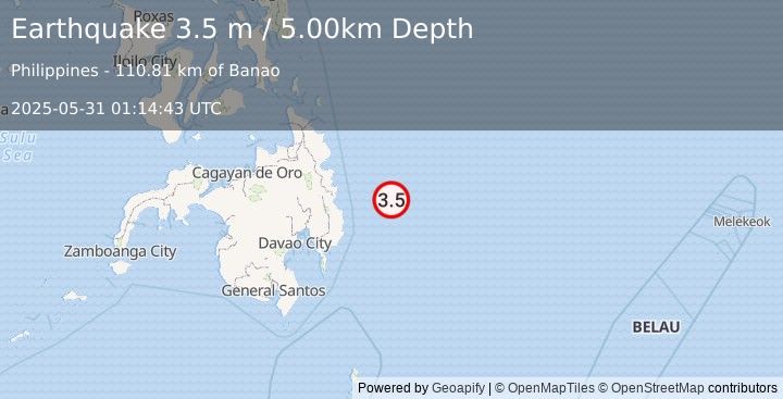 Earthquake PHILIPPINE ISLANDS REGION (3.5 m) (2025-05-31 01:14:43 UTC)