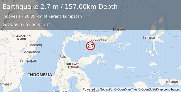 Earthquake MINAHASA, SULAWESI, INDONESIA (2.7 m) (2025-05-31 01:39:52 UTC)