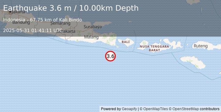 Earthquake SOUTH OF BALI, INDONESIA (3.6 m) (2025-05-31 01:41:11 UTC)