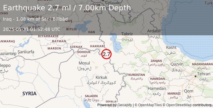 Earthquake TURKEY-IRAN-IRAQ BORDER REGION (2.7 ml) (2025-05-31 01:52:48 UTC)