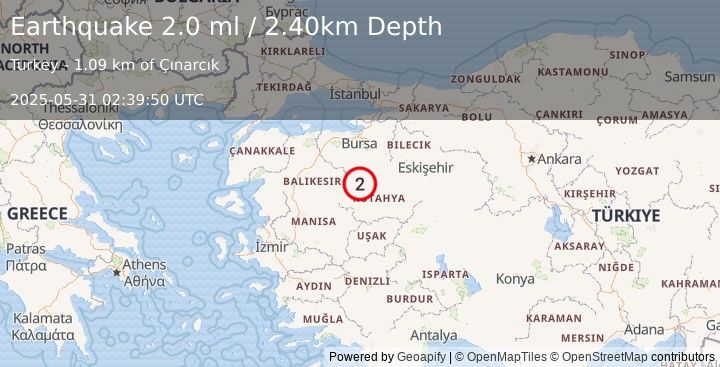 Earthquake WESTERN TURKEY (2.0 ml) (2025-05-31 02:39:50 UTC)