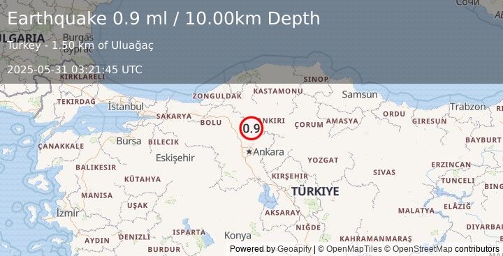 Earthquake CENTRAL TURKEY (0.9 ml) (2025-05-31 03:21:45 UTC)