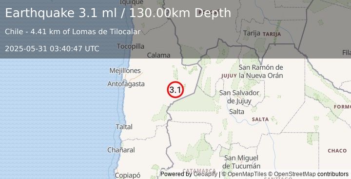 Earthquake ANTOFAGASTA, CHILE (3.1 ml) (2025-05-31 03:40:47 UTC)