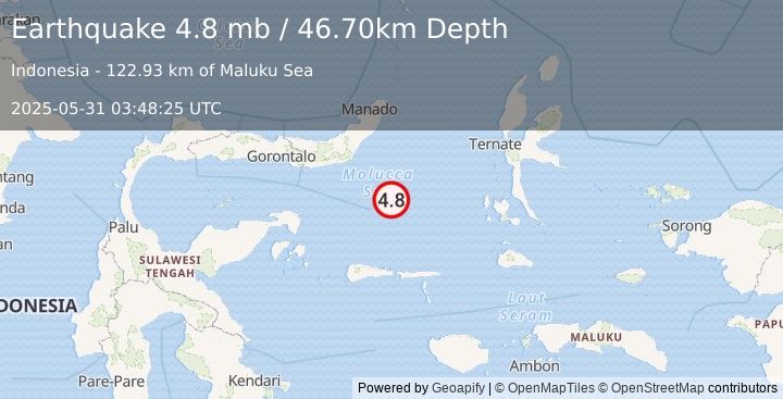 Earthquake MOLUCCA SEA (4.8 mb) (2025-05-31 03:48:25 UTC)