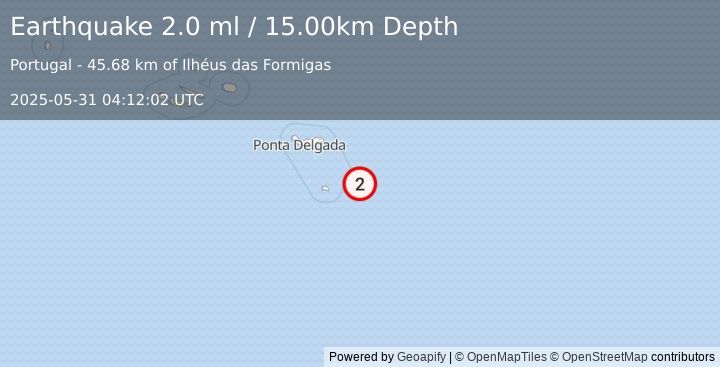 Earthquake AZORES ISLANDS REGION (2.0 ml) (2025-05-31 04:12:02 UTC)